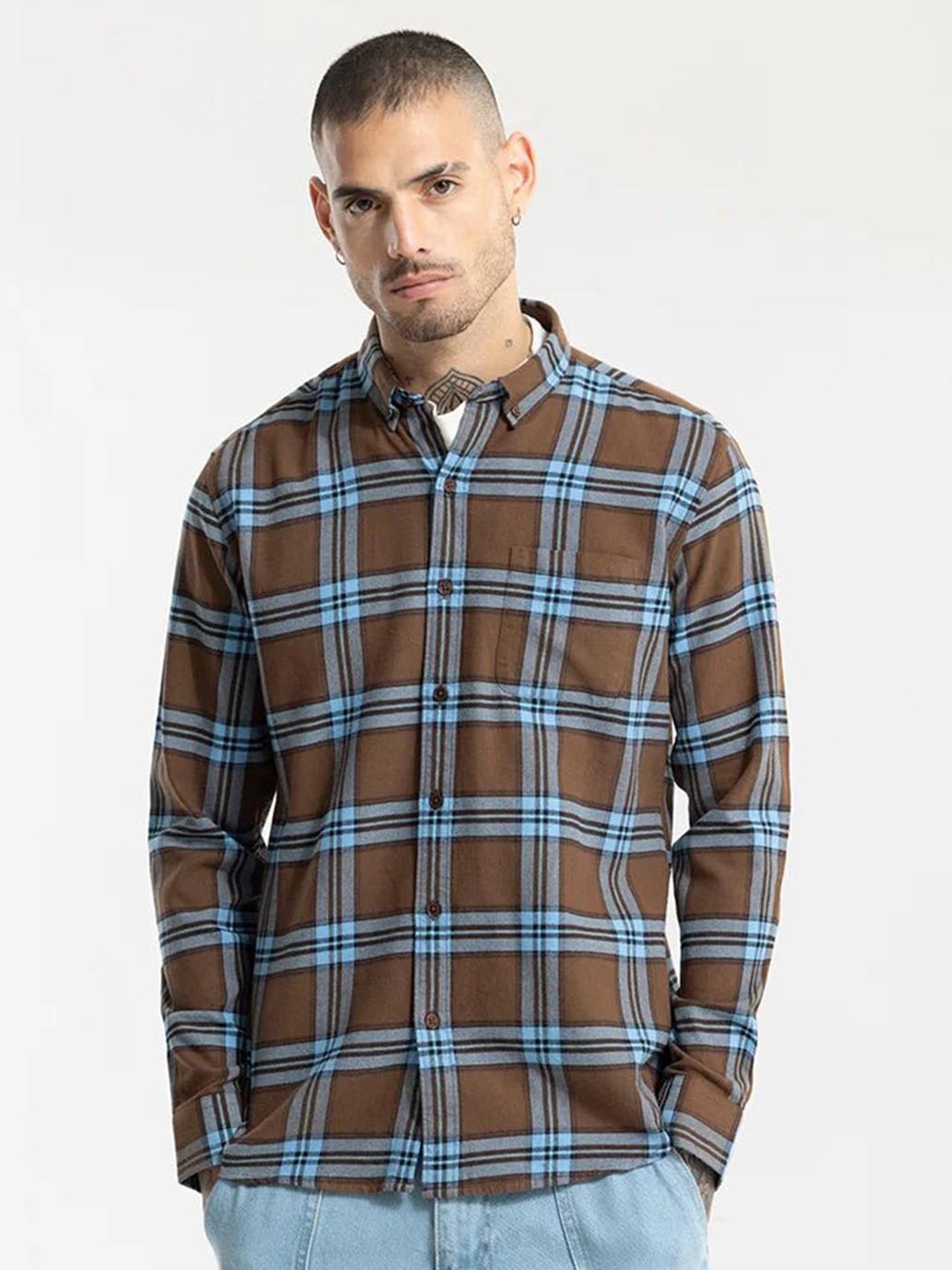 

Snitch Classic Slim Fit Tartan Checked Button Down Collar Pure Cotton Casual Shirt, Brown