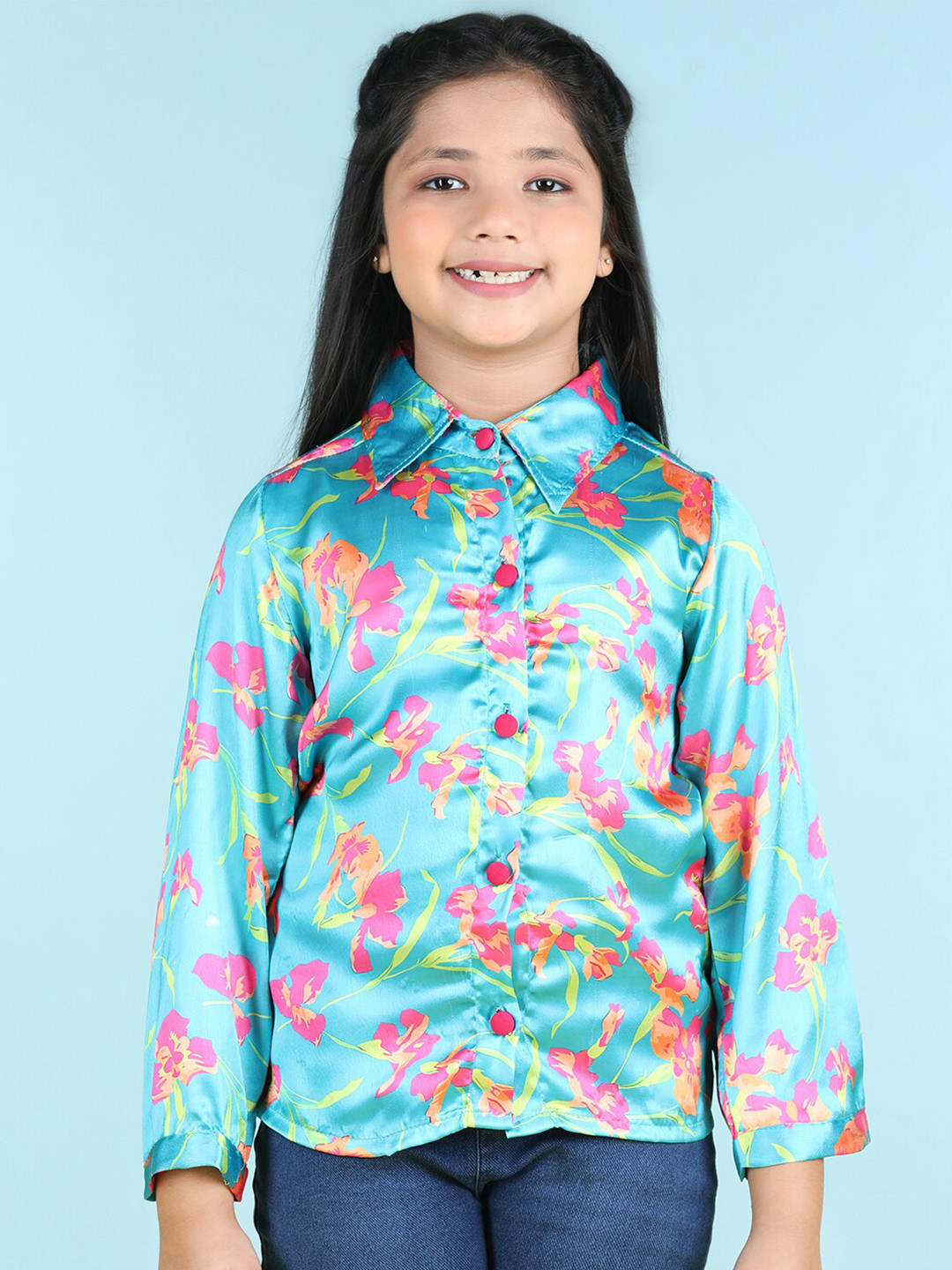 

Cutiekins Girls Floral Printed Satin Shirt Style Top, Sea green