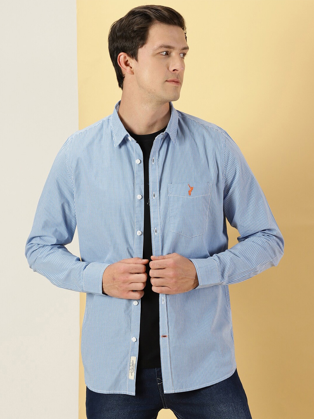 Thomas Scott Micro Checks Classic Slim Fit Cotton Casual Shirt, Blue