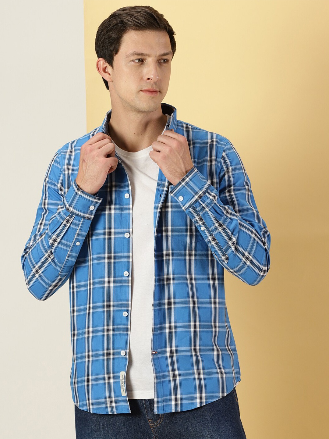 

Thomas Scott Tartan Checks Classic Slim Fit Cotton Casual Shirt, Blue