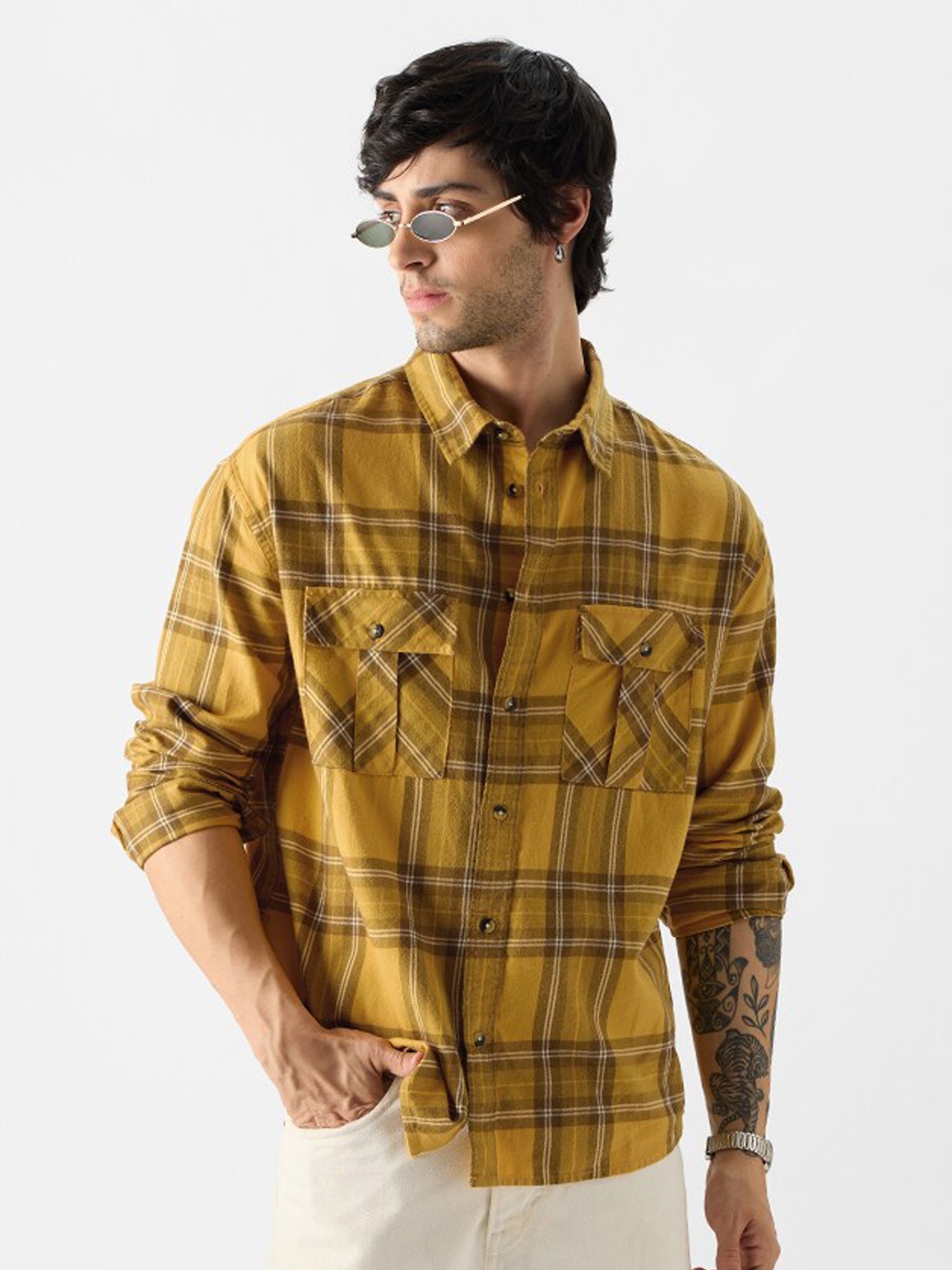 The Souled Store Tartan Checked Regular Fit Cotton Casual Shirt, Mustard