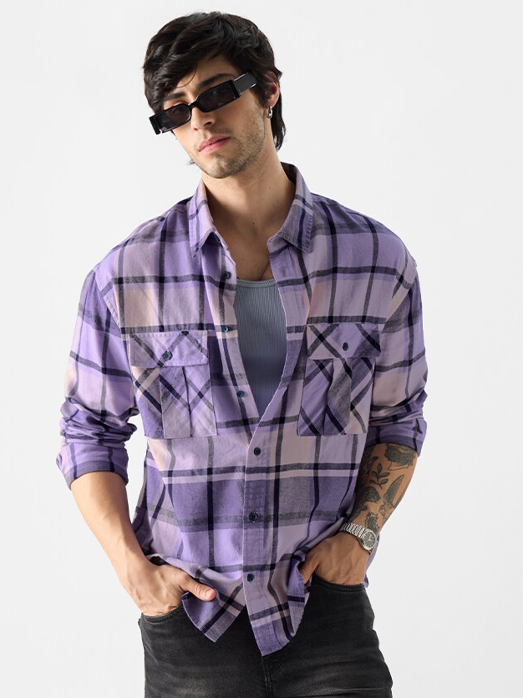 The Souled Store Checked Pure Cotton Casual Shirt, Purple