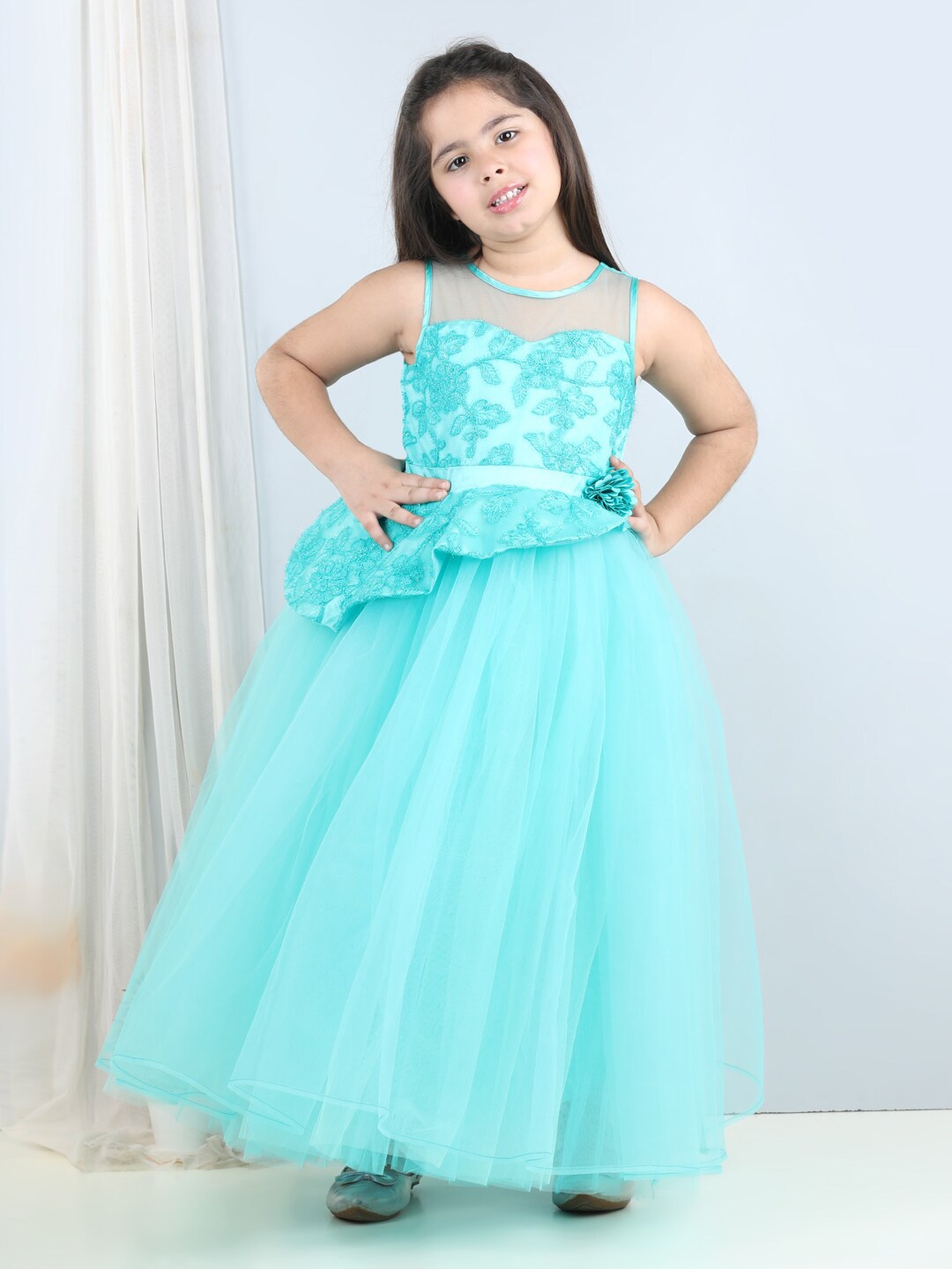 

Toy Balloon kids Girls Floral Embroidered Net Fit And Flare Maxi Dress, Sea green