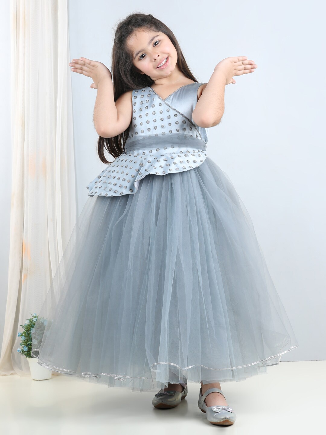 

Toy Balloon kids Girls Embellished Net Fit & Flare Maxi Dress, Grey