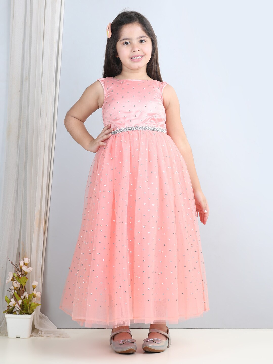 

Toy Balloon kids Girls Self Design Embellished Net Maxi Dress, Pink