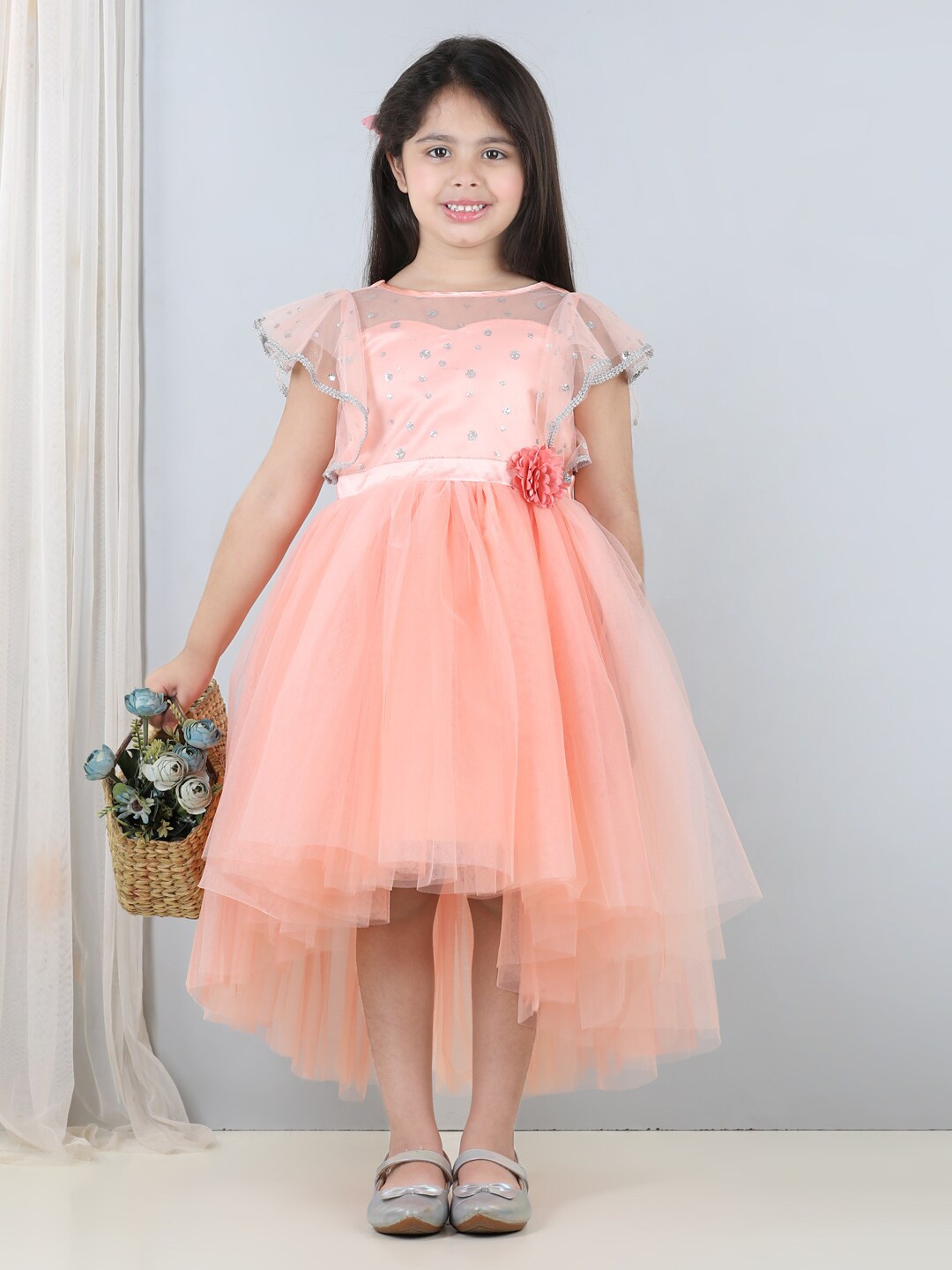 

Toy Balloon kids Girls Embellished Flutter Sleeves Net Fit & Flare Dress, Peach