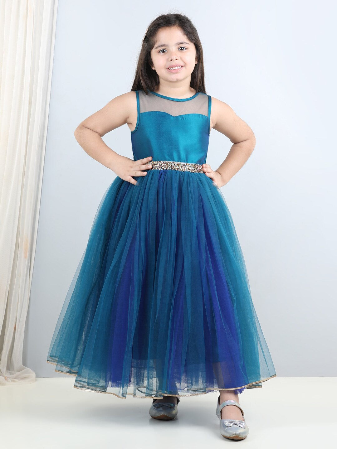 Toy Balloon kids Girls Round Neck Embellished Net Fit and Flare Maxi Dress, Blue