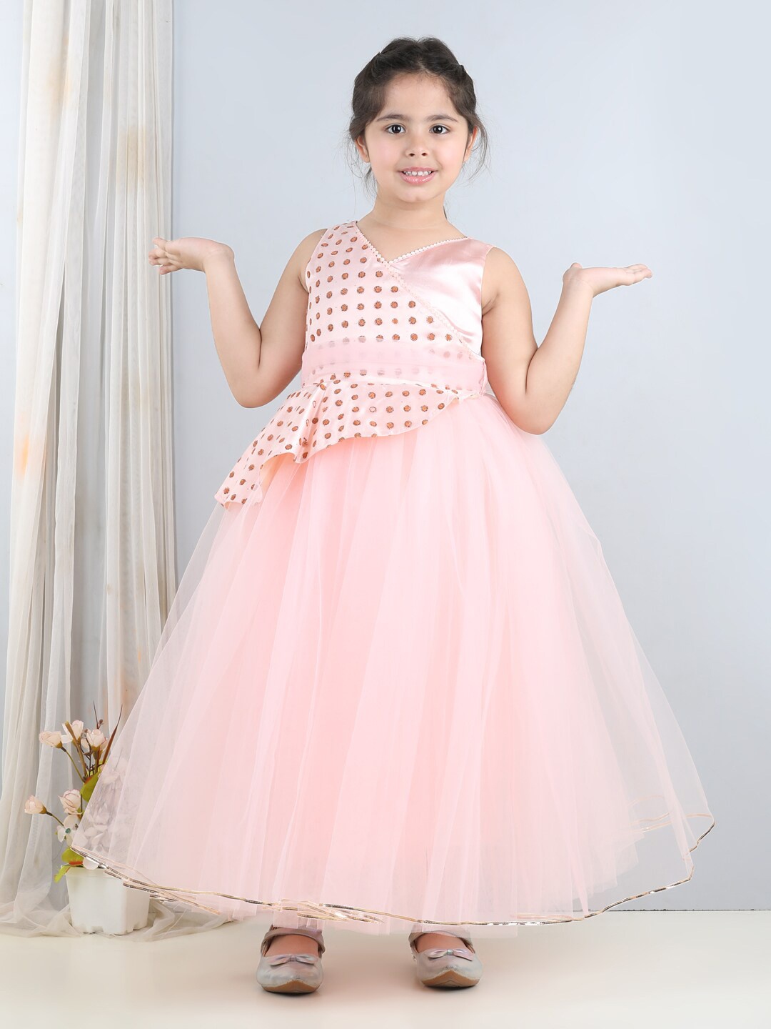 Toy Balloon kids Girls Self Design Net Fit & Flare Maxi Dress, Peach