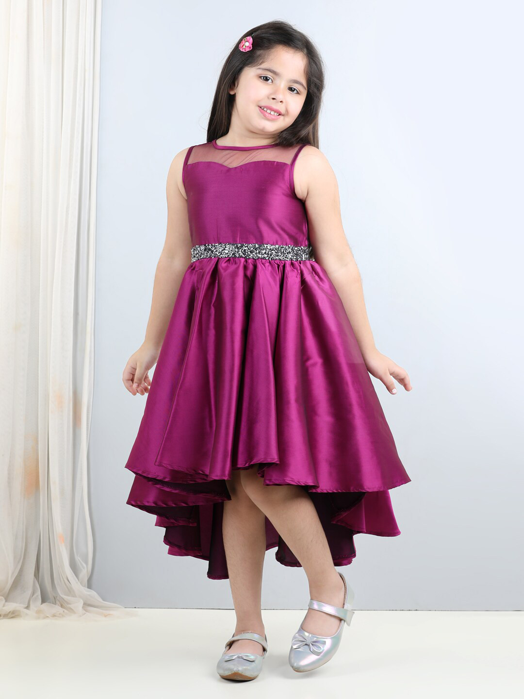 

Toy Balloon kids Girls Round Neck Embellished Net Fit and Flare Maxi Dress, Purple