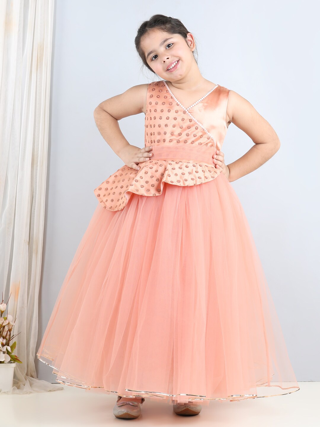 

Toy Balloon kids Girls Embellished Belted Net Fit & Flare Maxi Dress, Peach