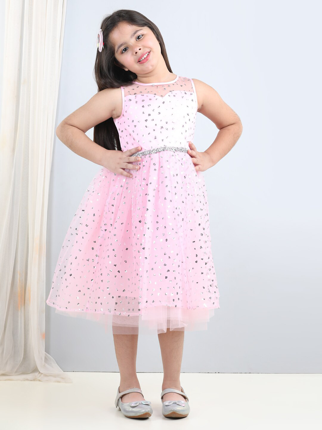

Toy Balloon kids Girls Embellished Sequinned Net Fit & Flare Midi Dress, Pink