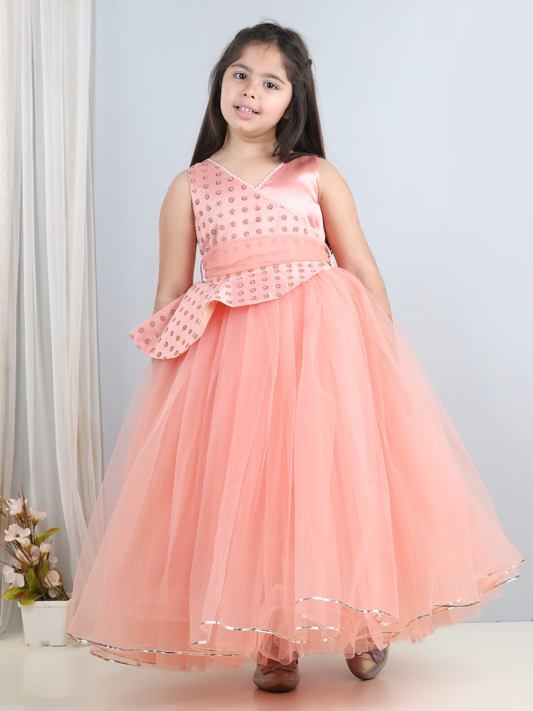 

Toy Balloon kids Girls Self Design Net Fit & Flare Maxi Dress, Peach