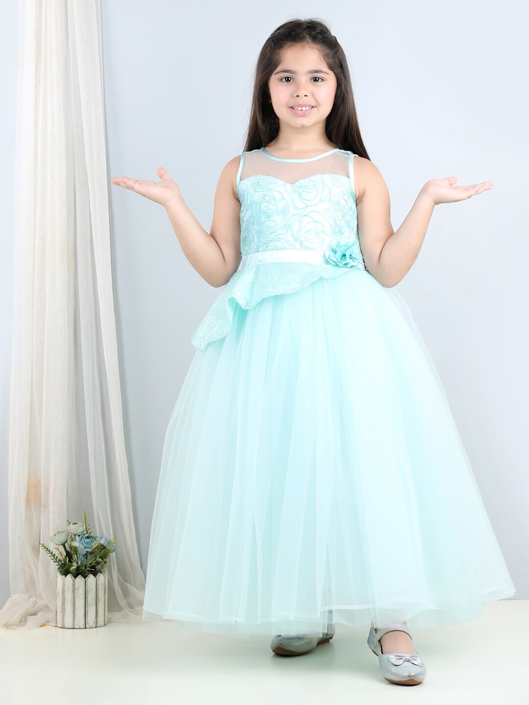 

Toy Balloon kids Girls Self Design Embellished Net Maxi Dress, Blue
