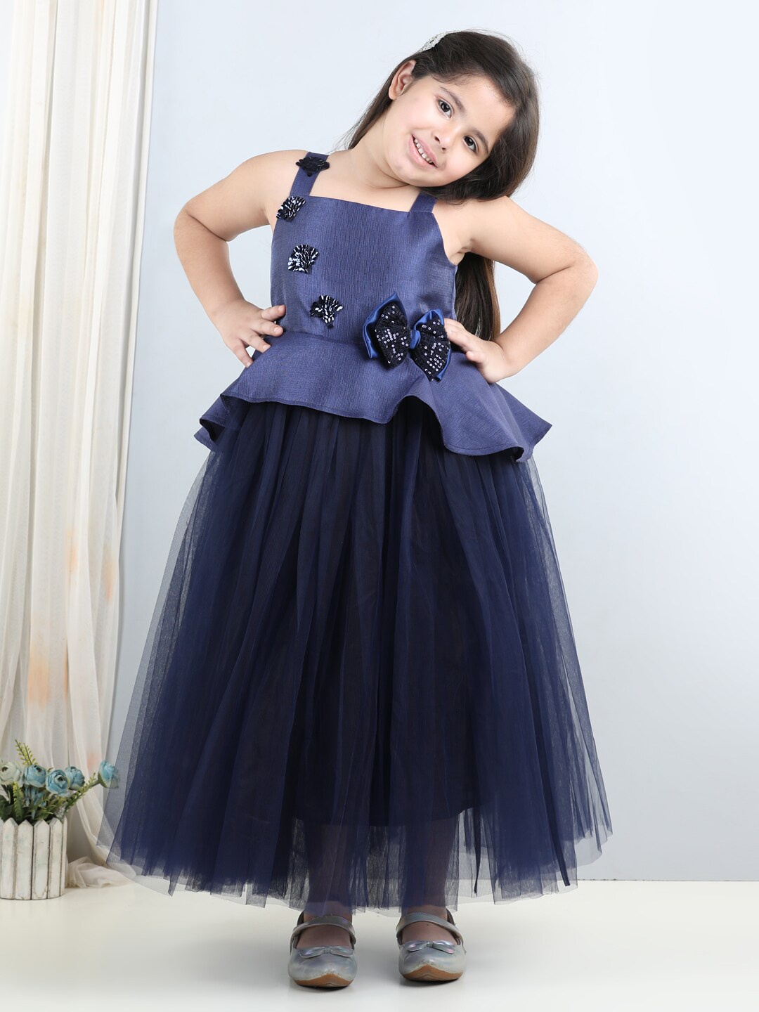 

Toy Balloon kids Girls Embellished Net Fit & Flare Maxi Dress, Navy blue