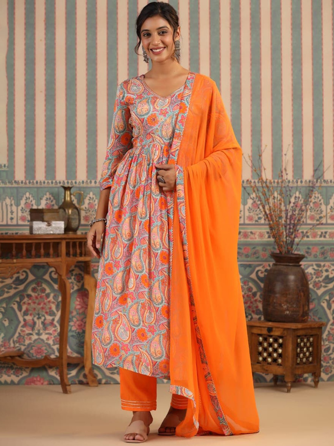 

KAJREE Ethnic Motifs Printed Sequinned Kurta With Trouser & Dupatta, Orange