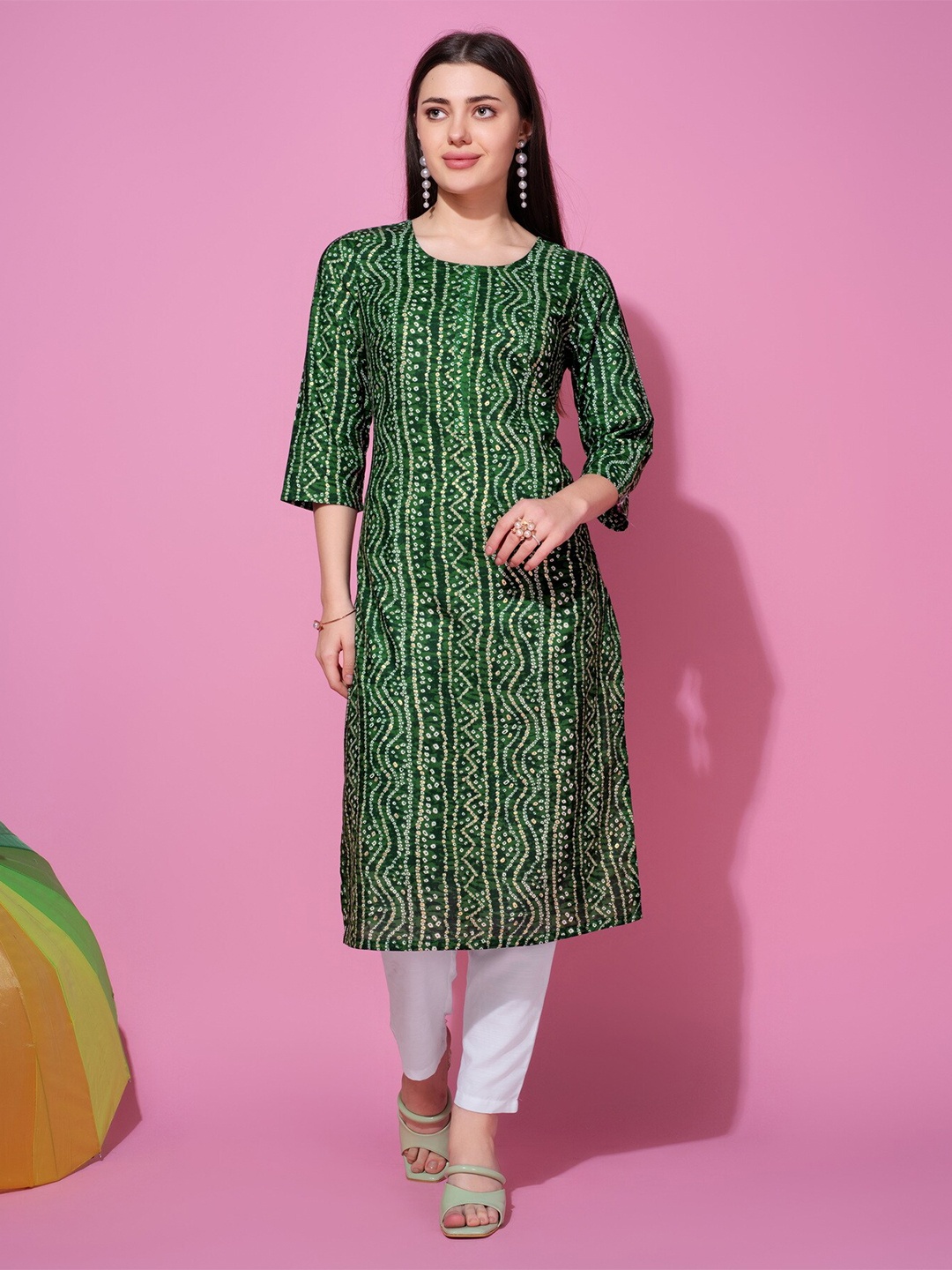 

soan Bandhani Printed Pure Cotton Straight Kurta, Green