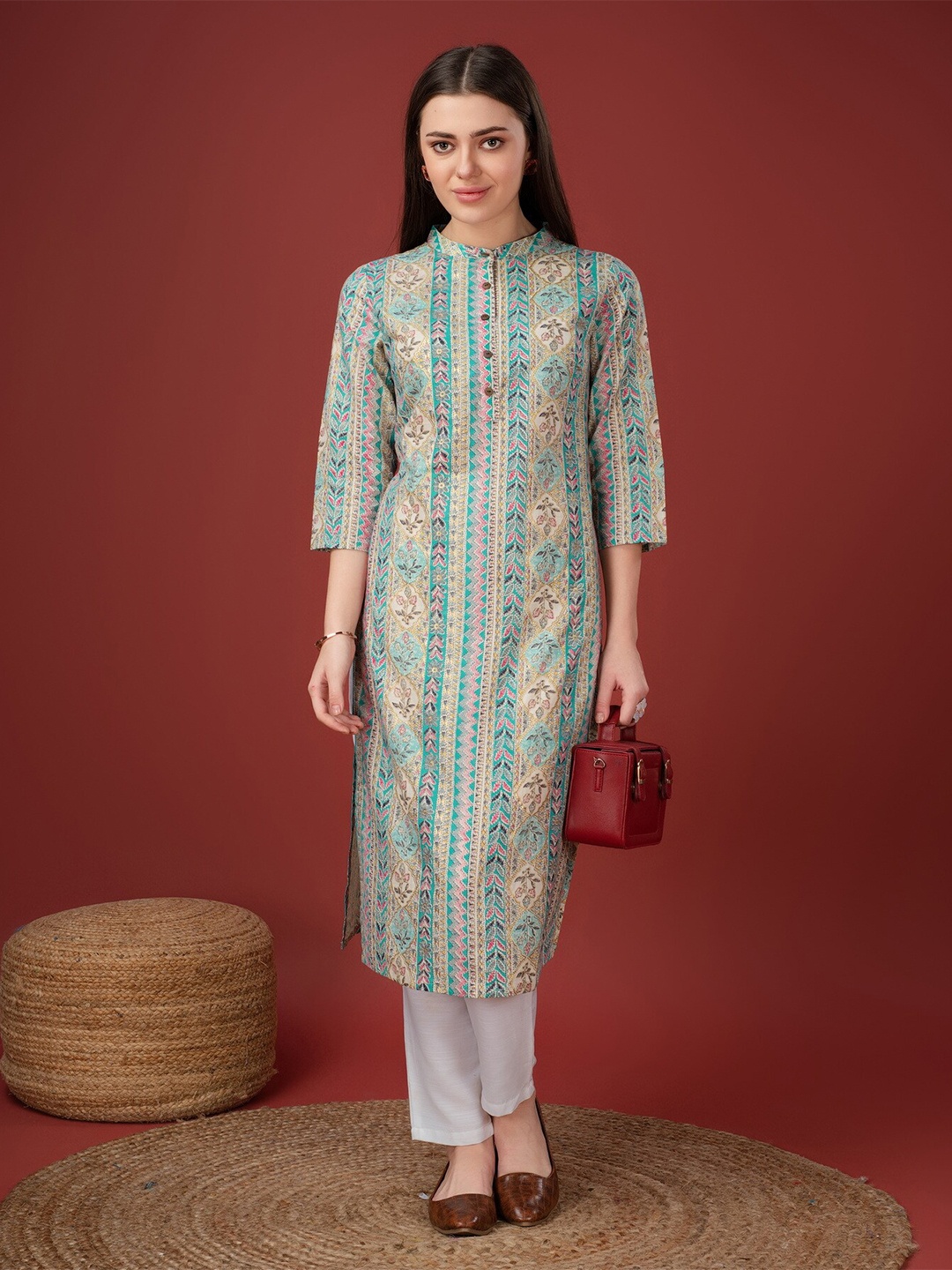 

soan Ethnic Motifs Printed Cotton Straight Kurta, Green