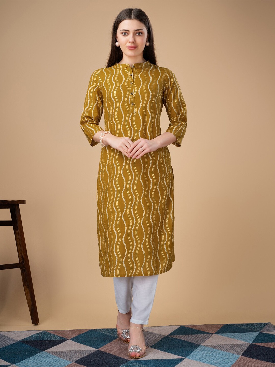 

soan Abstract Printed Band Collar Straight Kurta, Mustard