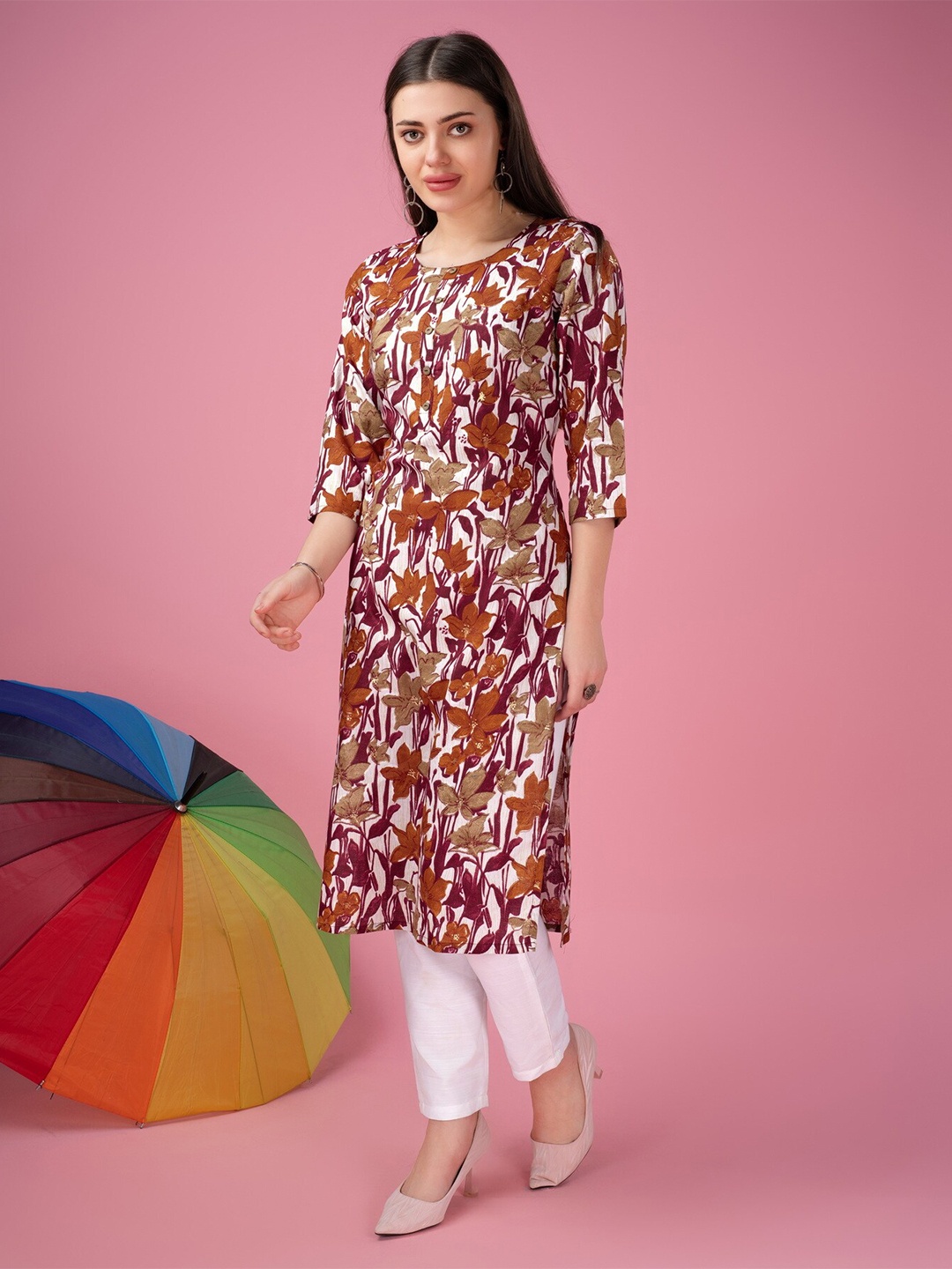 

soan Floral Printed Cotton Straight Kurta, Maroon