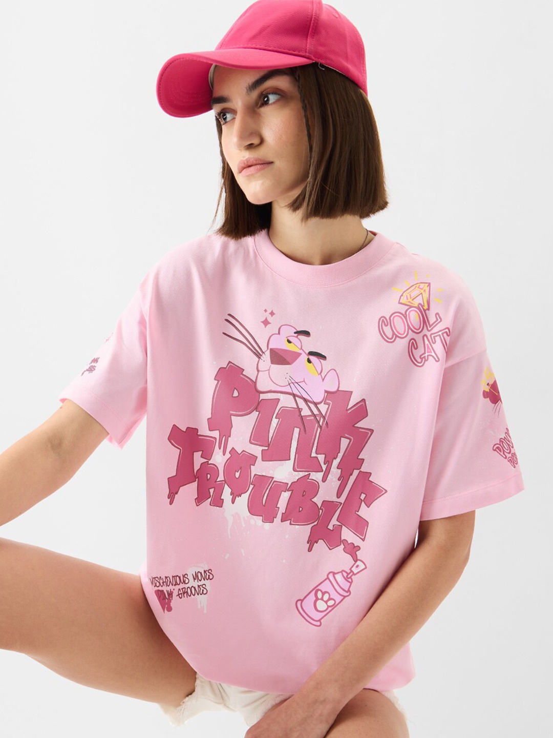 

The Souled Store Pink Panther Printed Drop-Shoulder Sleeves Cotton Oversized T-shirt