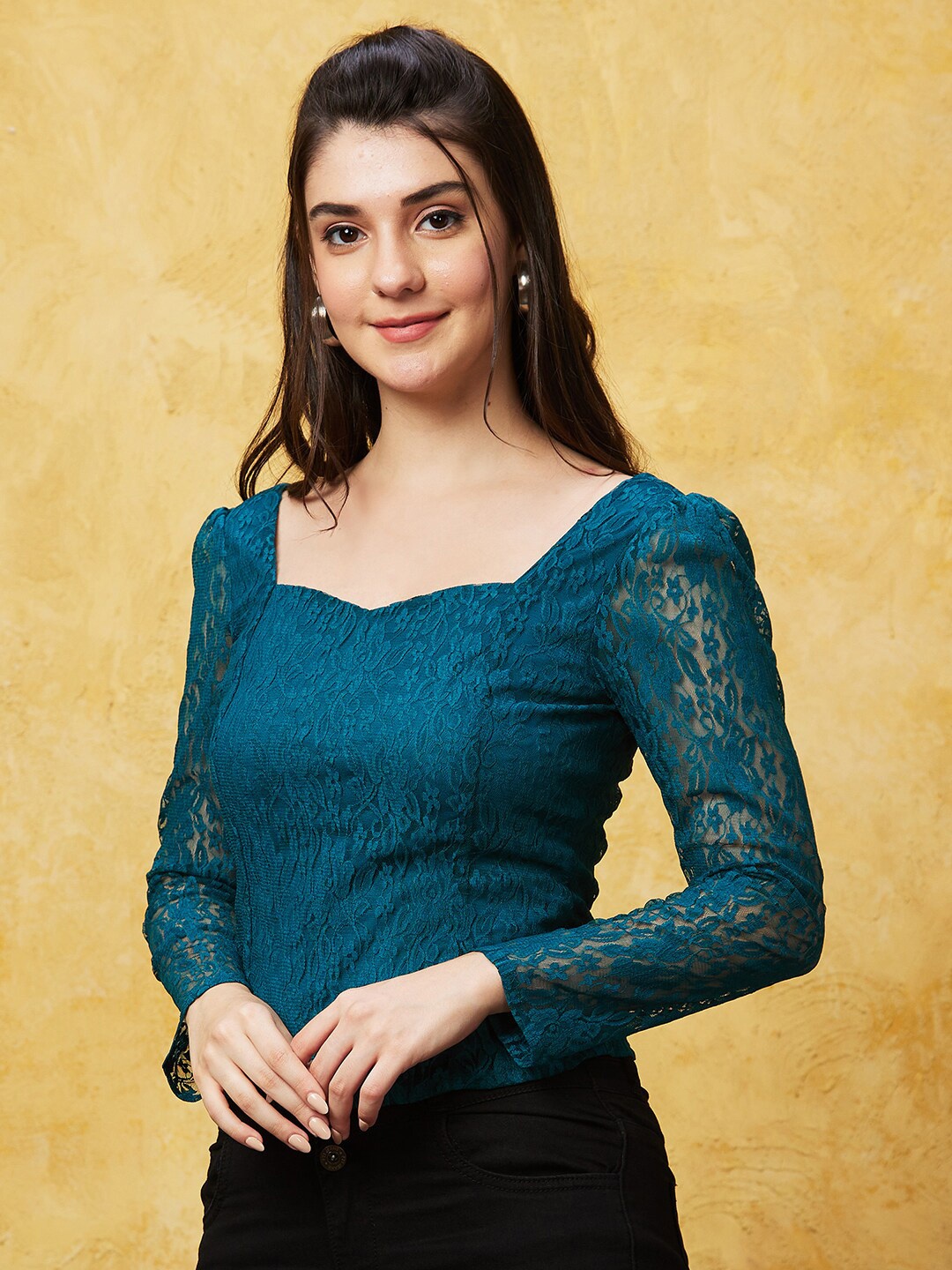 

Globus Smocked Detailed Lace Up Party Top, Teal