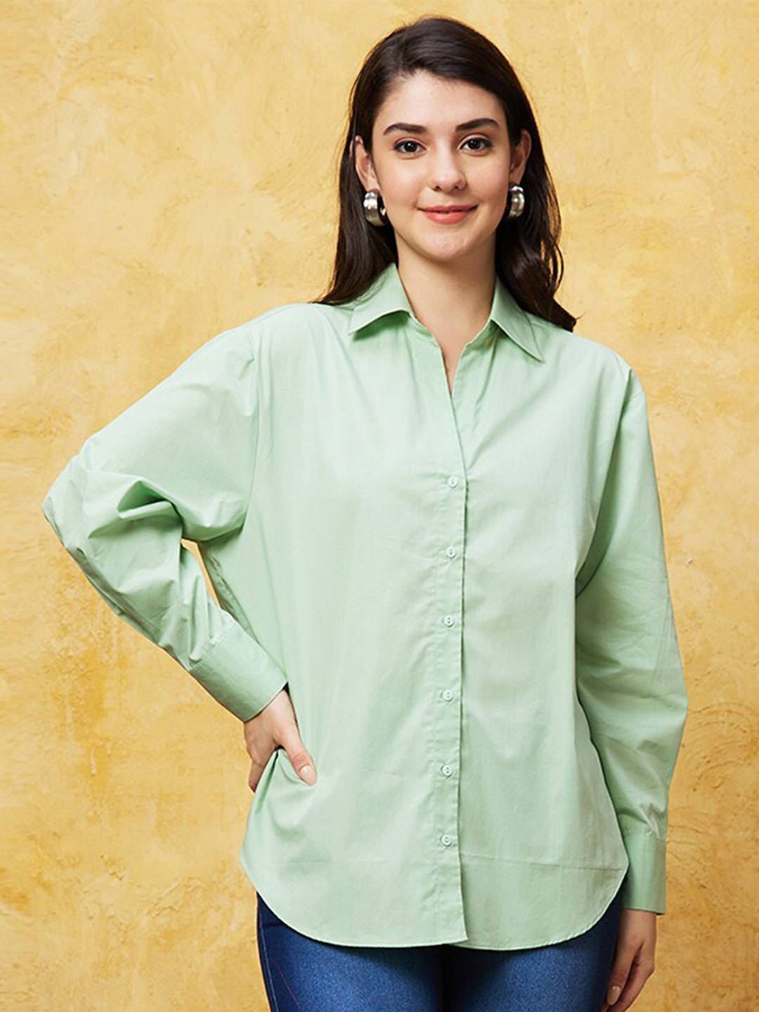 Globus Green Long Sleeves Pure Cotton Shirt Style Top