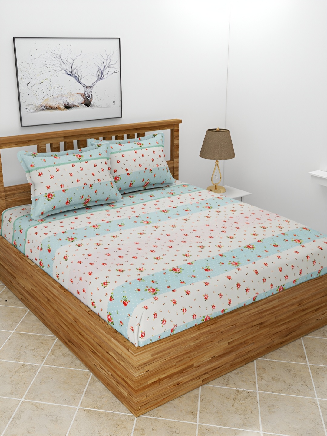 

BREVARD Off White & Blue Floral Polycotton 210 TC Queen Bedsheet with 2 Pillow Covers