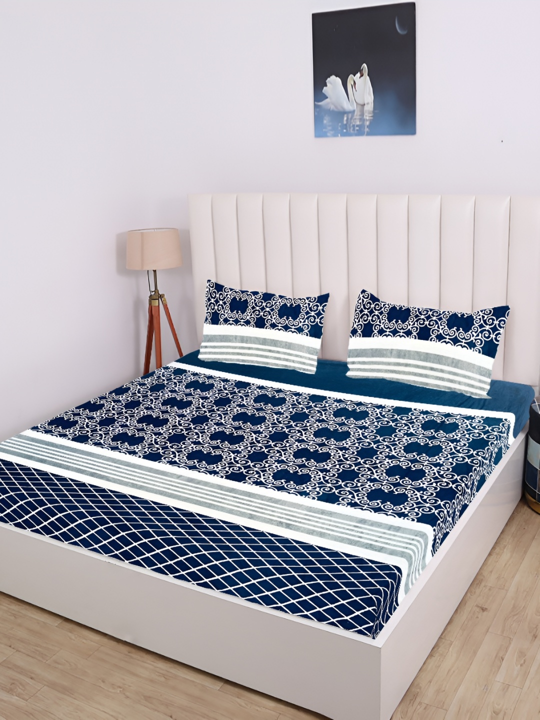 

RD TREND Navy Blue & Grey Ethnic Motifs 210 TC King Fitted Bedsheet with 2 Pillow Covers