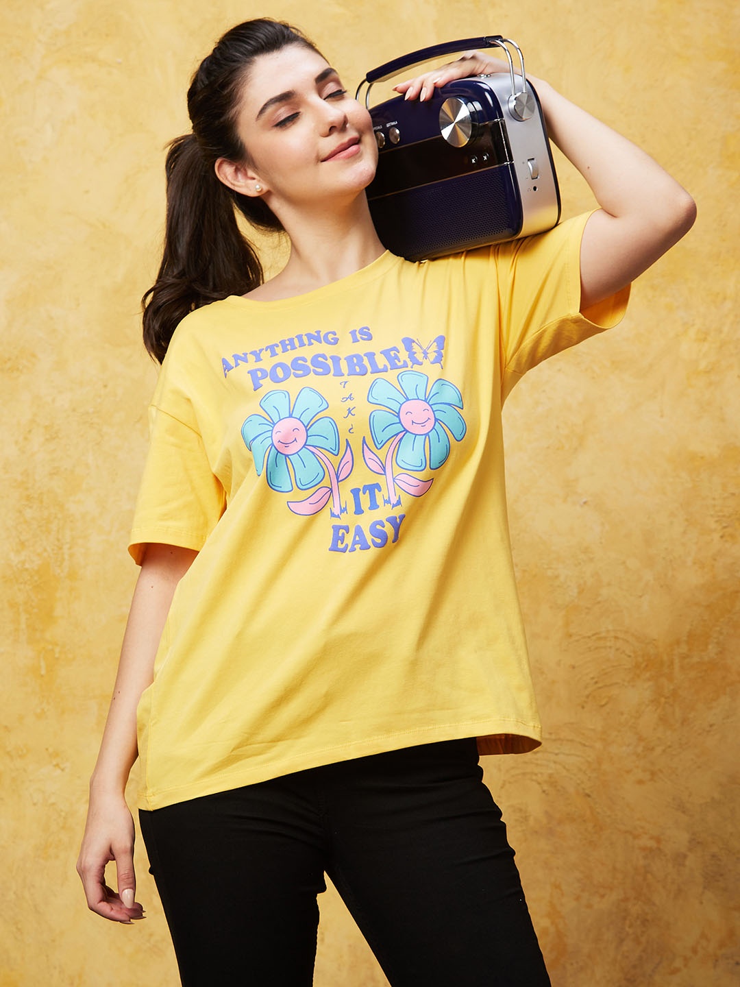 

Globus Typography Printed Drop-Shoulder Sleeves Pure Cotton Boxy T-shirt, Blue