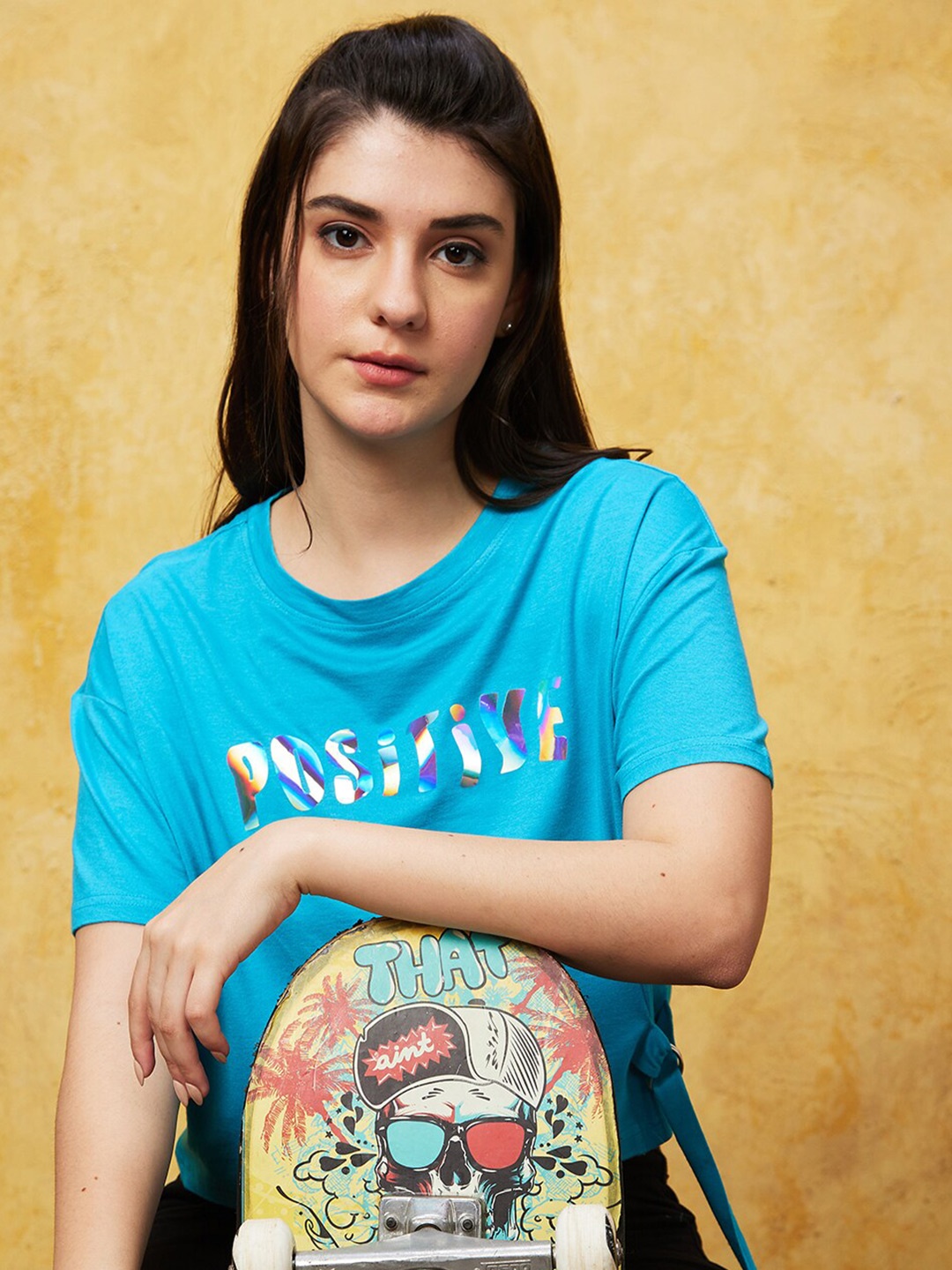 

Globus Typography Printed Drop-Shoulder Sleeves Pure Cotton Boxy T-shirt, Blue