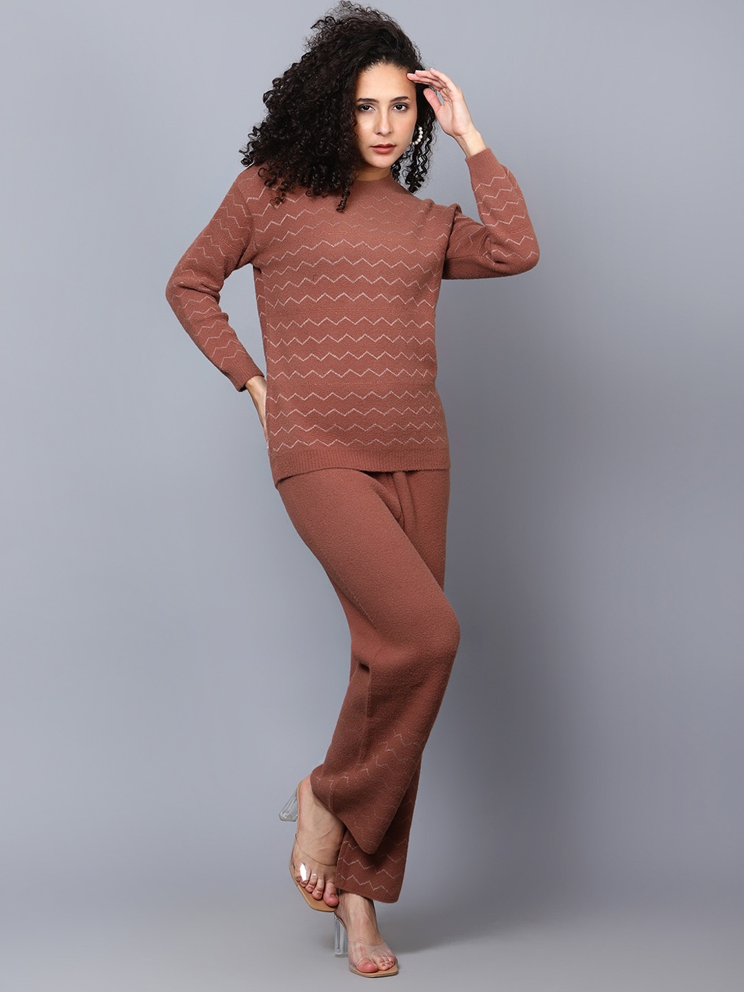 

Chemistry Geometric Self Design Round Neck Sweater & Trousers, Coffee brown