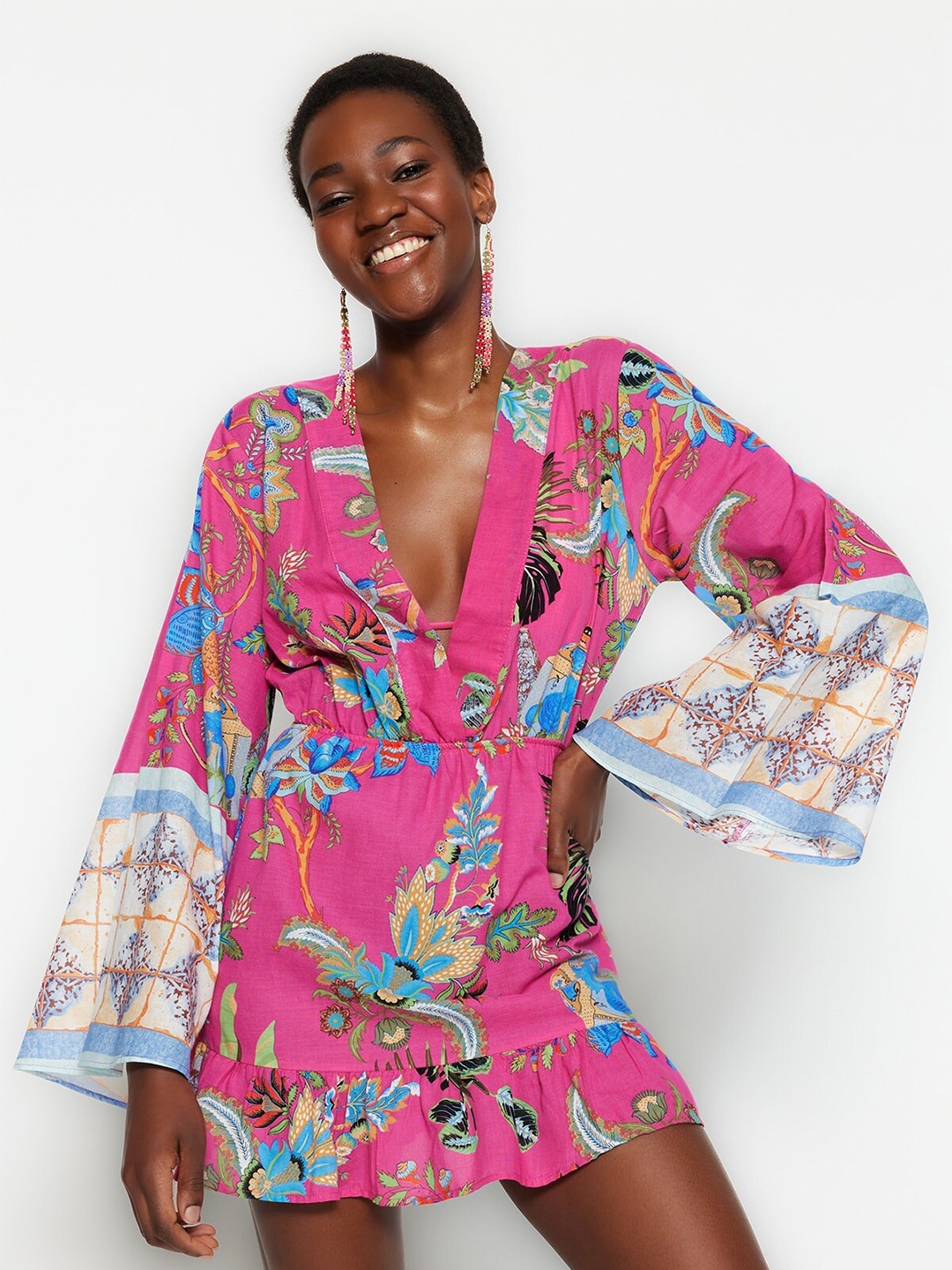 Trendyol Floral Printed Flared Sleeve Pure Cotton A-Line Mini Dress, Pink