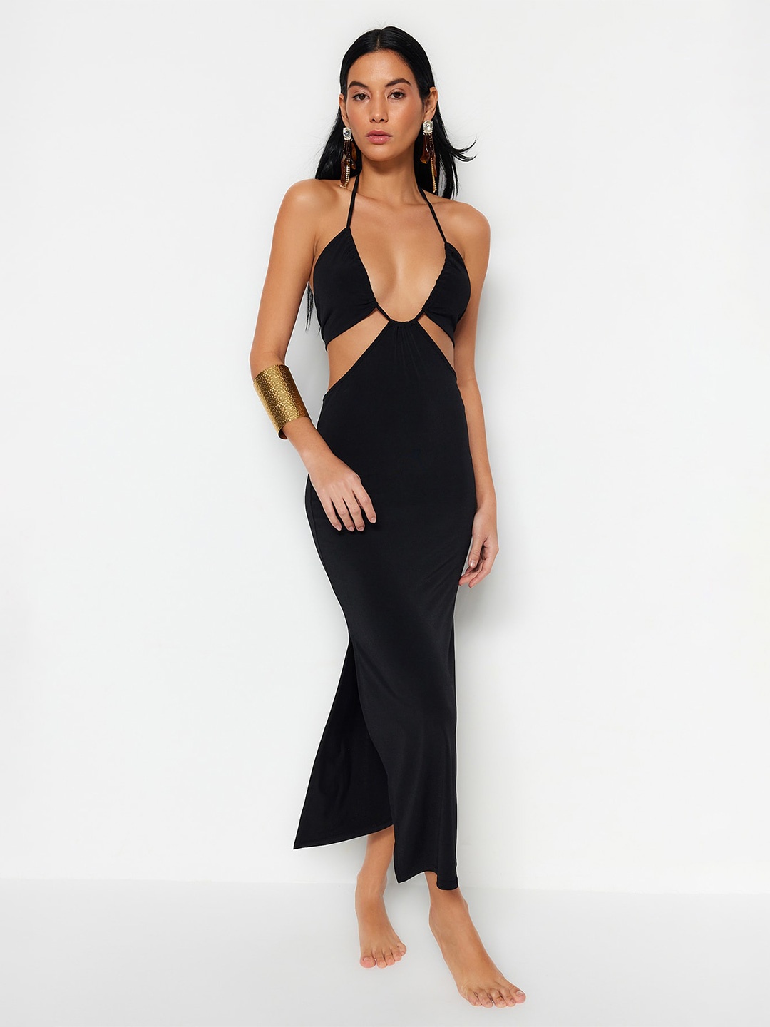 

Trendyol Halter Neck Cut-Out Detailed Sheath Midi Dress, Black