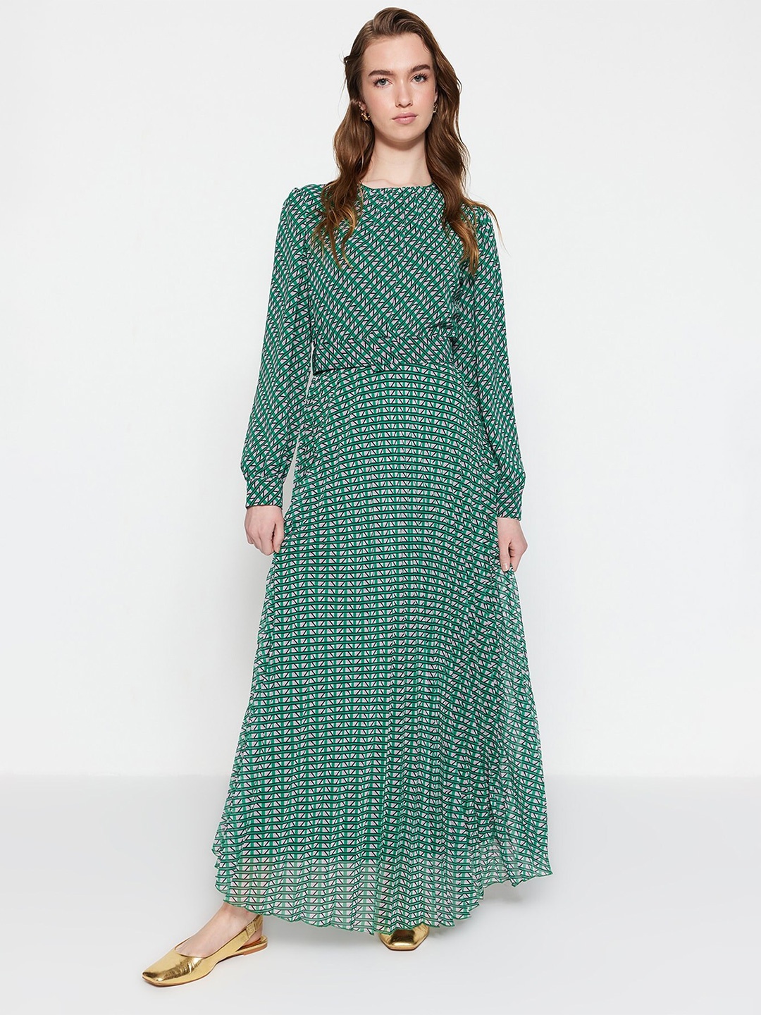

Trendyol Geometric Printed Puff Sleeves A-Line Maxi Dress, Green
