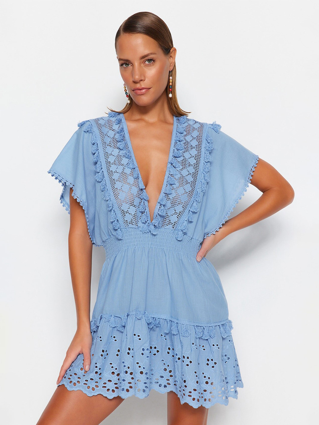 

Trendyol Floral Self Design Pure Cotton A-Line Dress, Blue