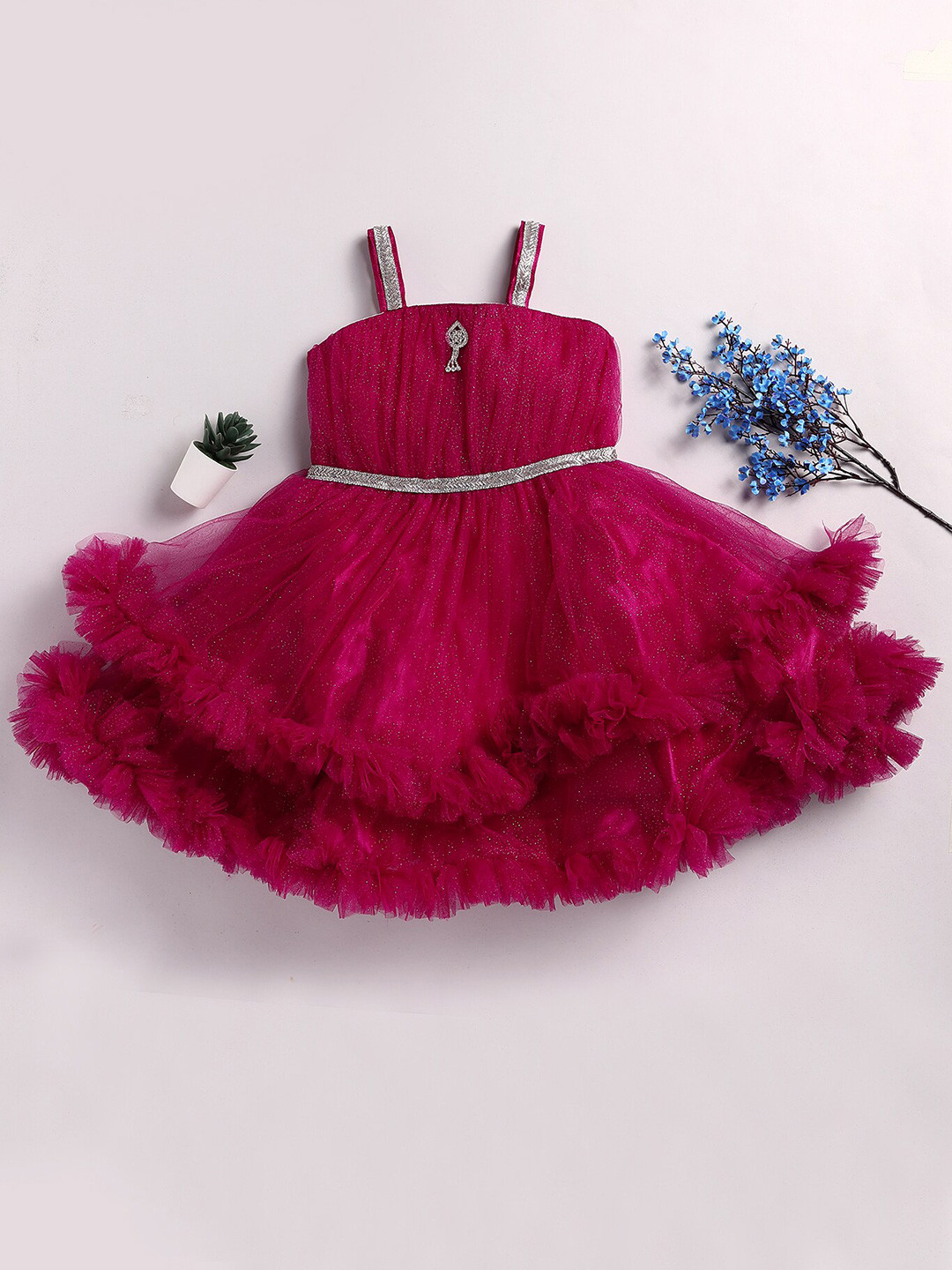 

Toonyport Girls Embellished Sleeveless Layered Bling & Sparkly Net Fit & Flare Dress, Pink