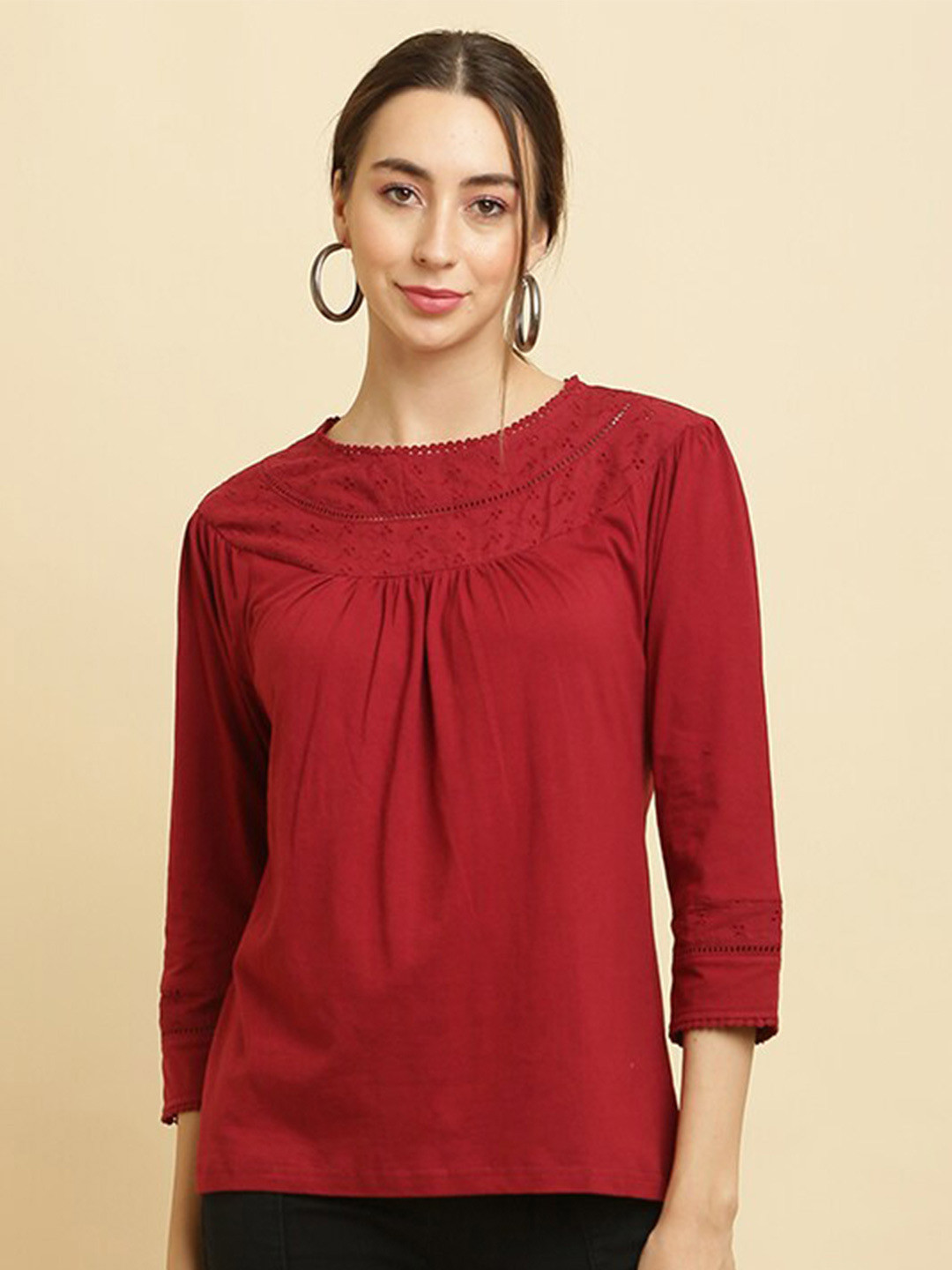 

HERE&NOW Maroon Round Neck Schiffli Pure Cotton Top
