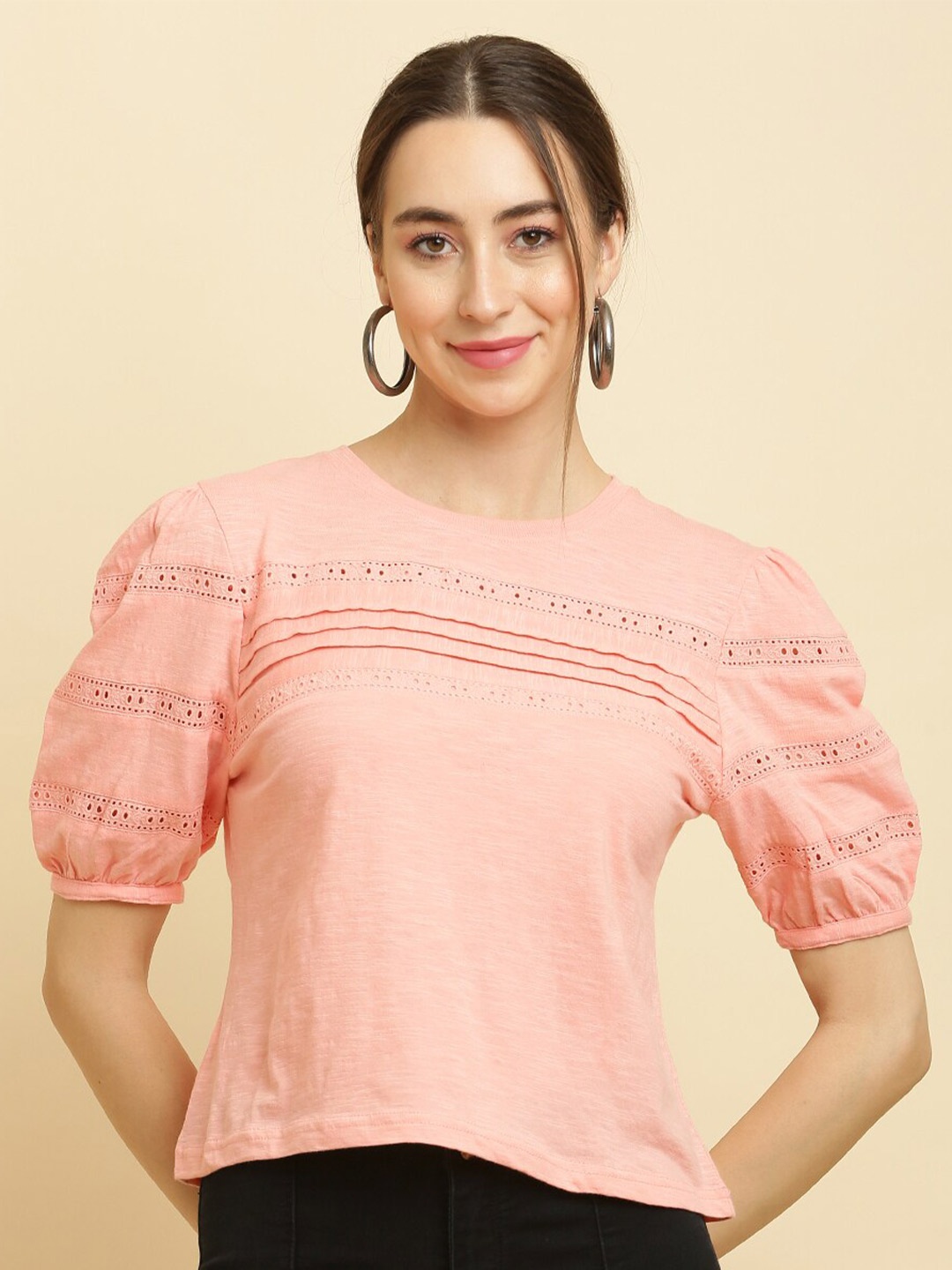 

HERE&NOW Peach-Coloured Puff Sleeve Schiffli Pure Cotton Top
