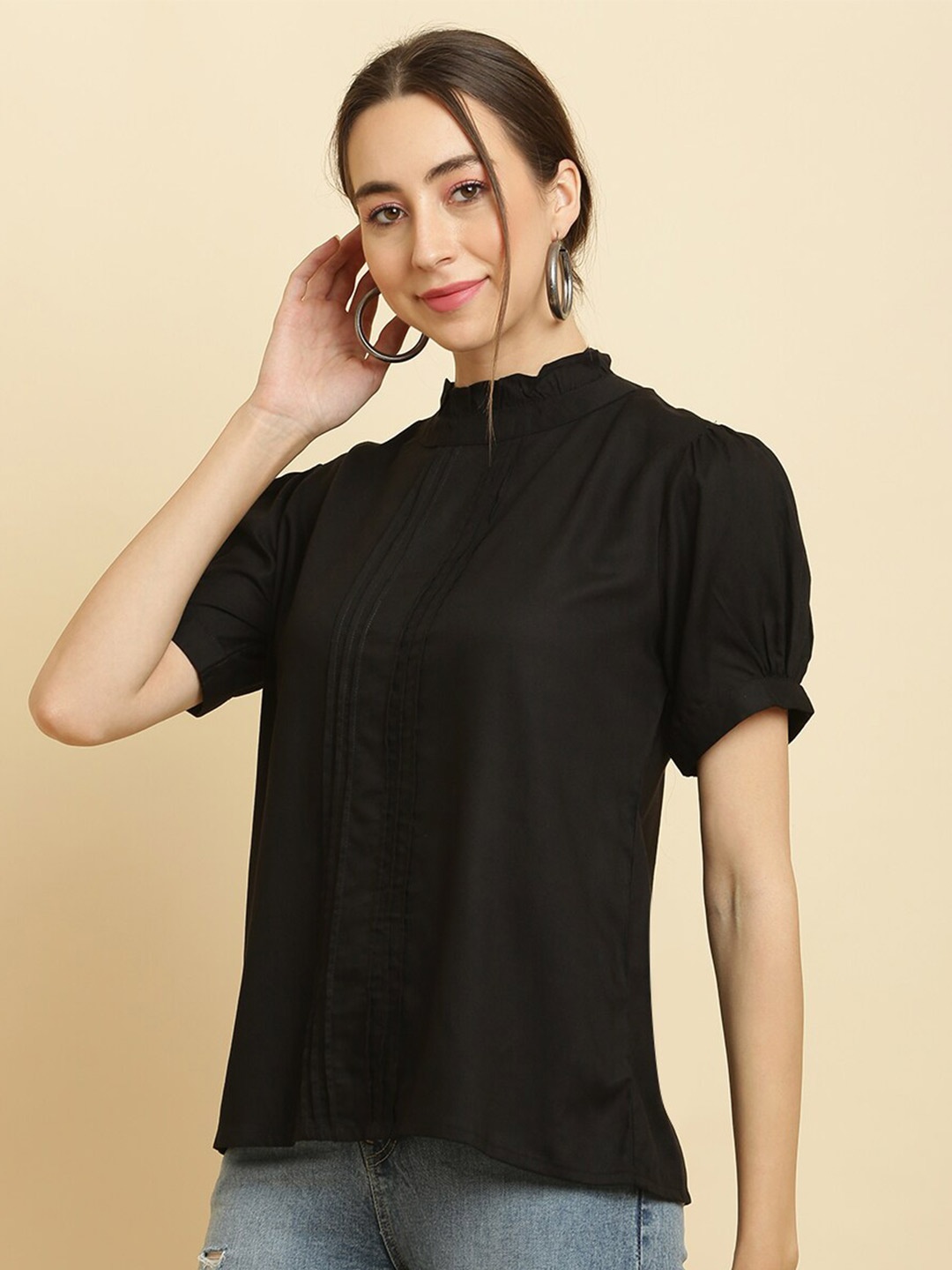 

HERE&NOW Black High Neck Puff Sleeves Top