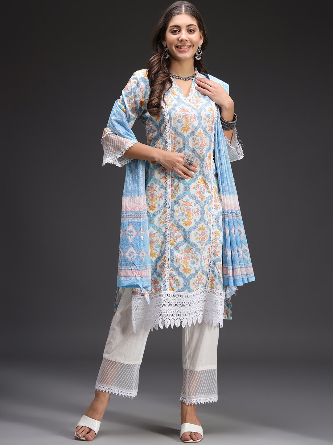 

HEEPOSH Ethnic Motifs Printed Pure Cotton Kurta & Trousers With Dupatta, Blue