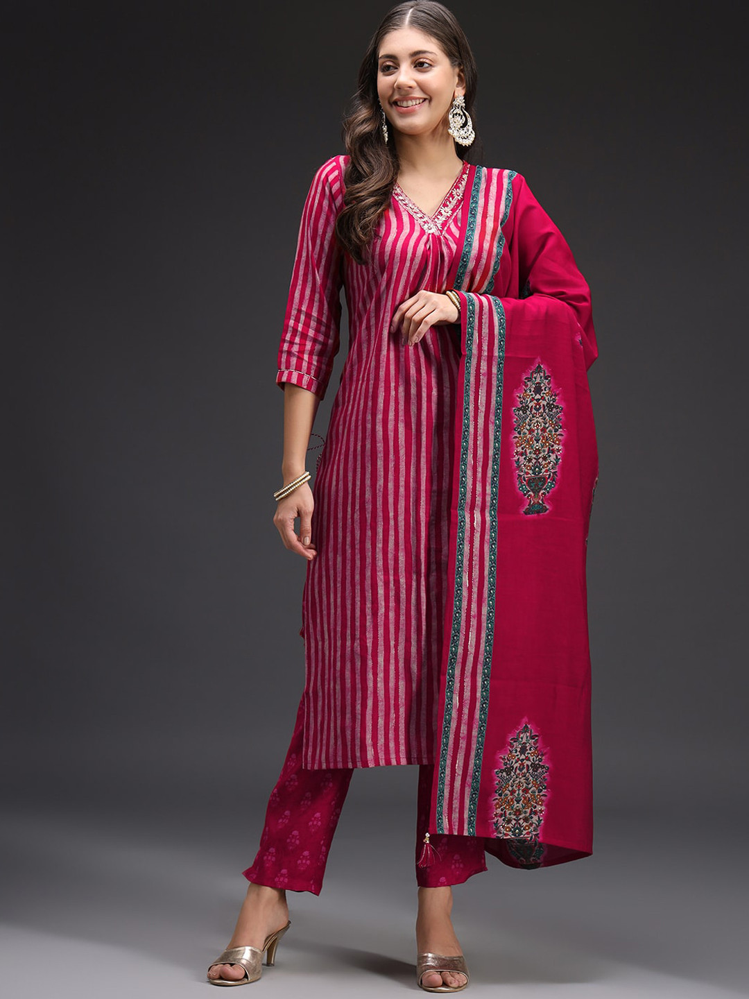 

HEEPOSH Striped V-Neck Kurta With Trousers & Dupatta, Red