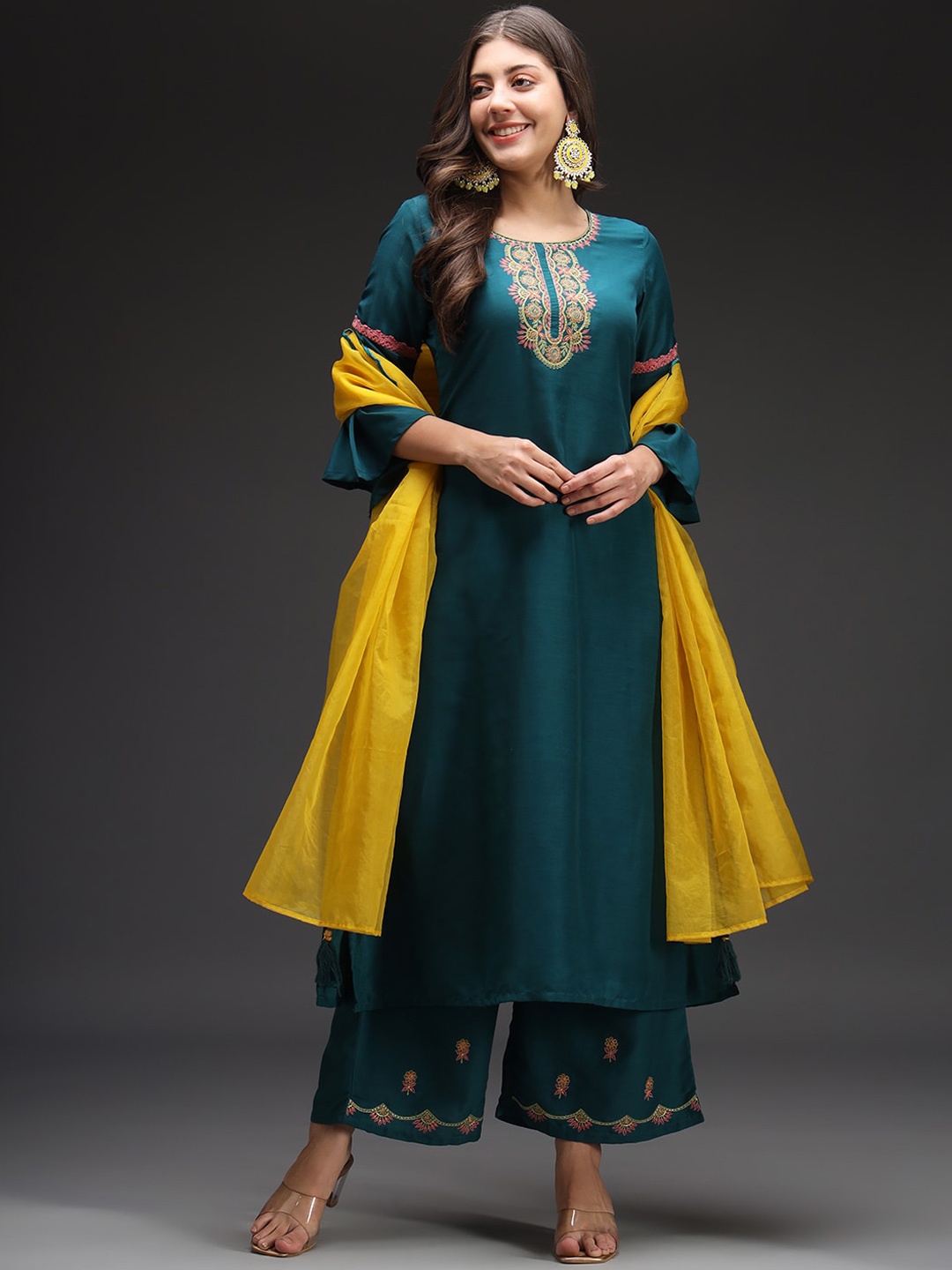 

HEEPOSH Embroidered Kurta With Palazzos & Dupatta, Teal