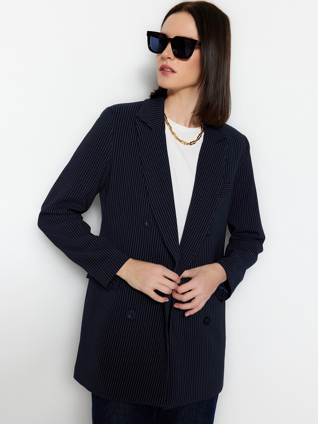 

Trendyol Striped Single-Breasted Longline Blazer, Navy blue