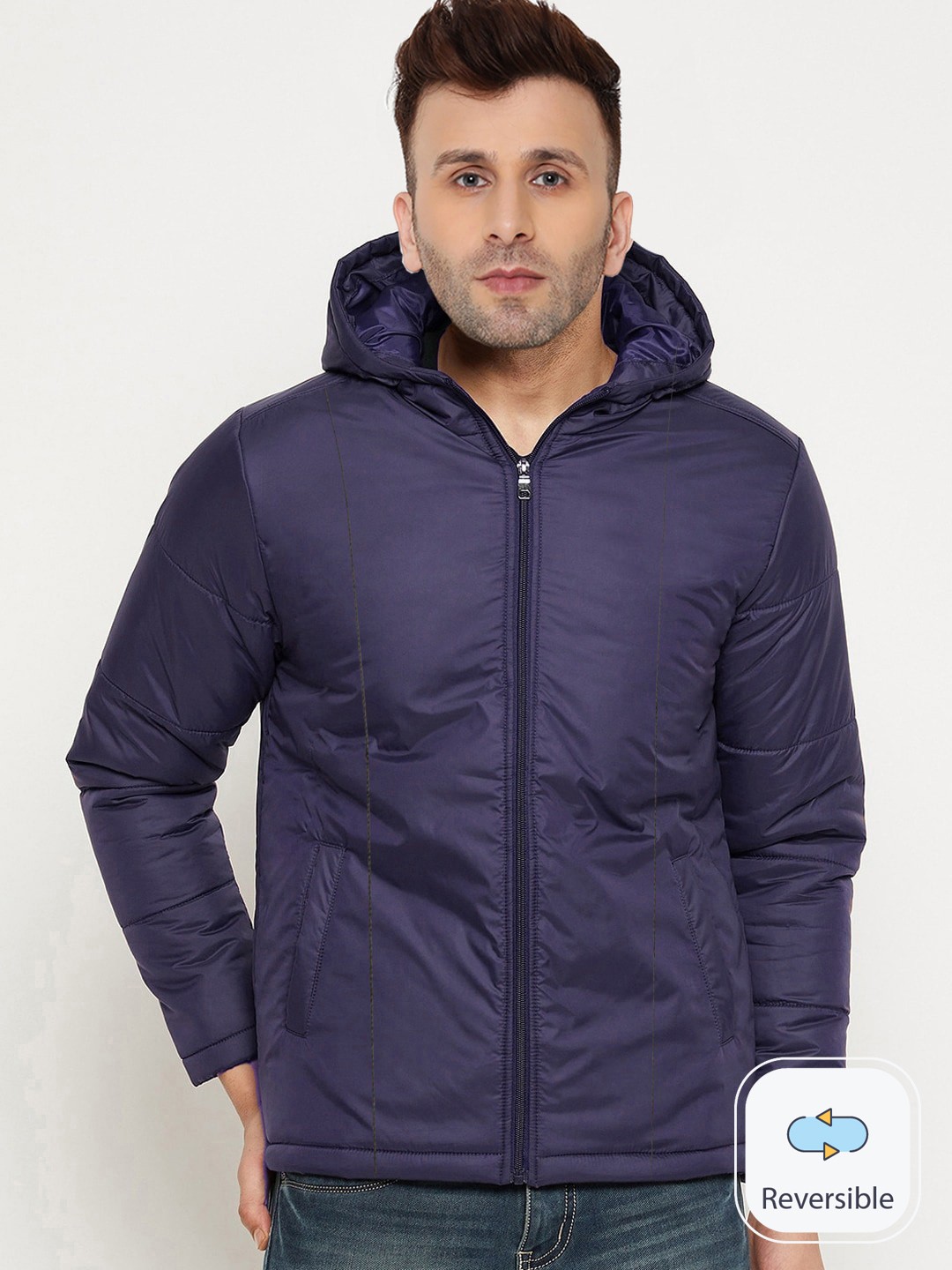 

9ty3ree Hooded Neck Long Sleeve Zip Detail Insulator Padded Jacket, Navy blue