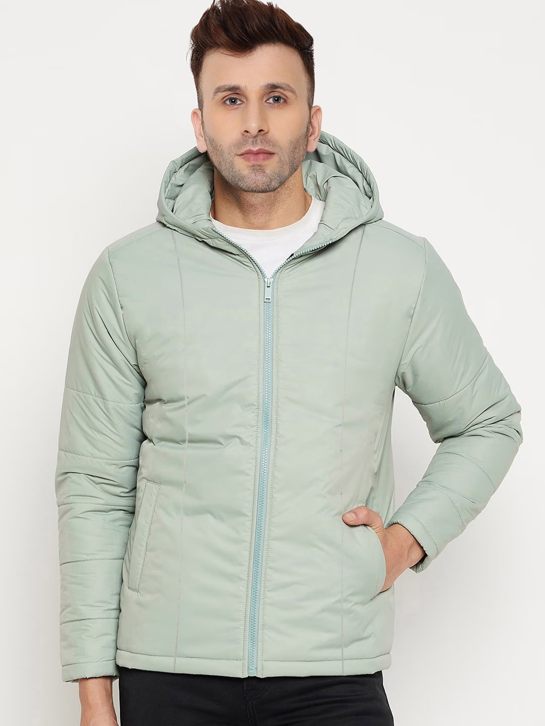 9ty3ree Hooded Neck Long Sleeve Zip Detail Insulator Padded Jacket, Sea green