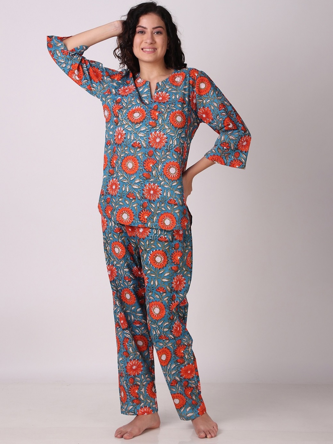 

Masha Floral Printed Pure Cotton Top With Pyjamas, Orange