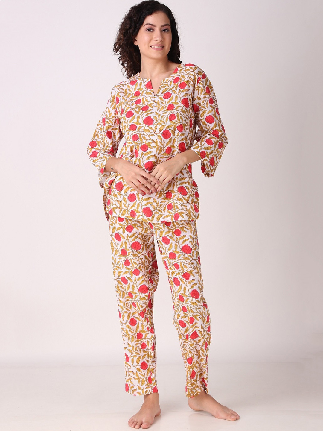 

Masha Floral Printed Pure Cotton Top With Pyjamas, Beige