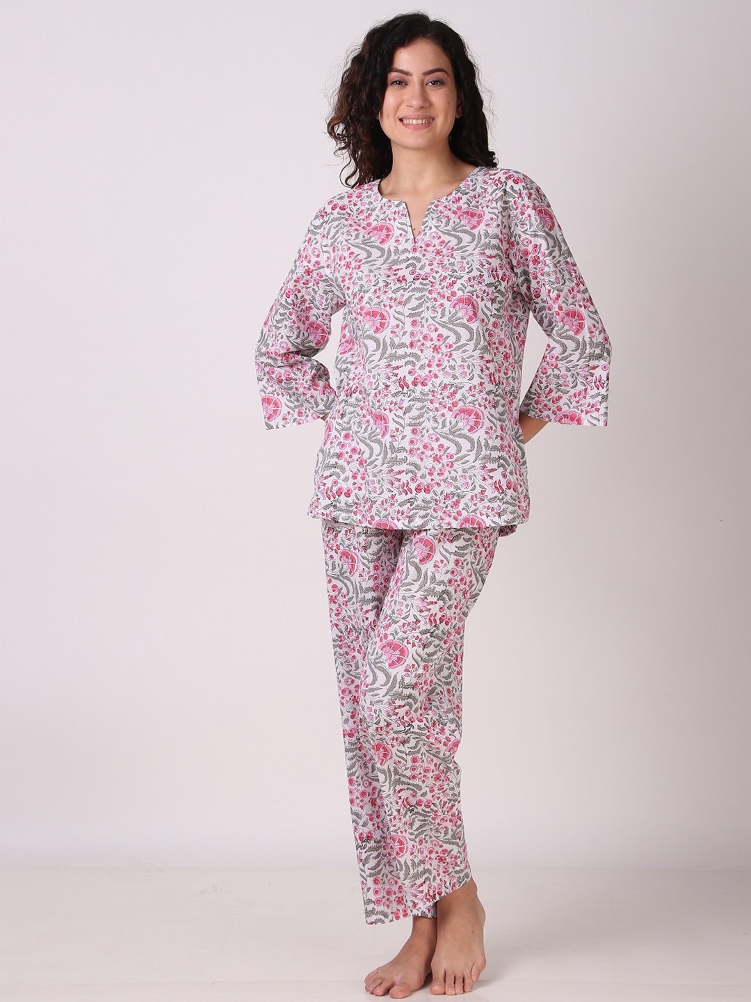 

Masha Floral Printed Pure Cotton Top With Pyjamas, Pink