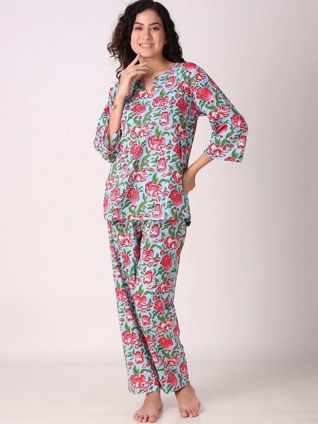 

Masha Floral Printed Pure Cotton Top With Pyjamas, Pink