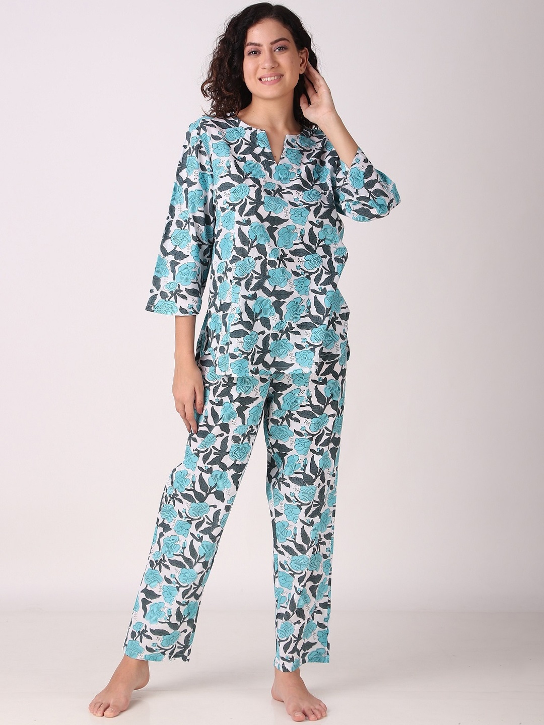 

Masha Floral Printed Pure Cotton Top With Pyjamas, Blue